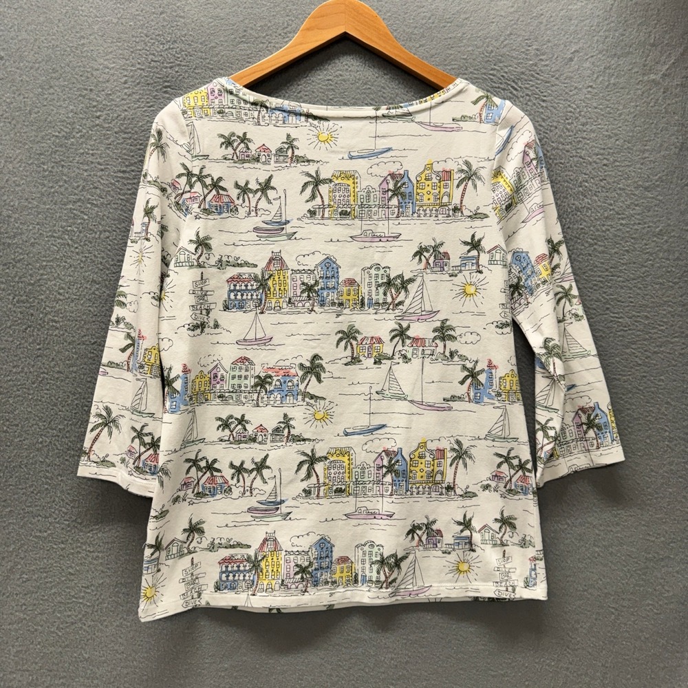 Talbots T-Shirt Womens MP Petite Medium Tee White Coastal Village Boat Print - Picture 3 of 6